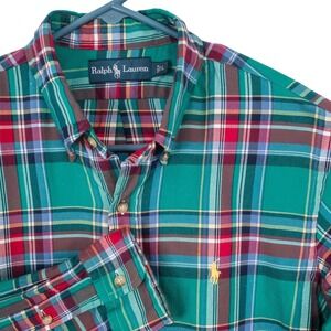 Ralph Lauren Button Down Mens Large Green Plaid ShiSoft Flannel Yellow Pony